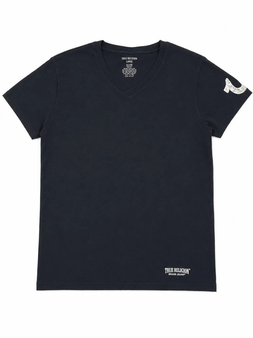 True Religion Men's Black V-Neck Tee with Silver Logo Accents Size Large